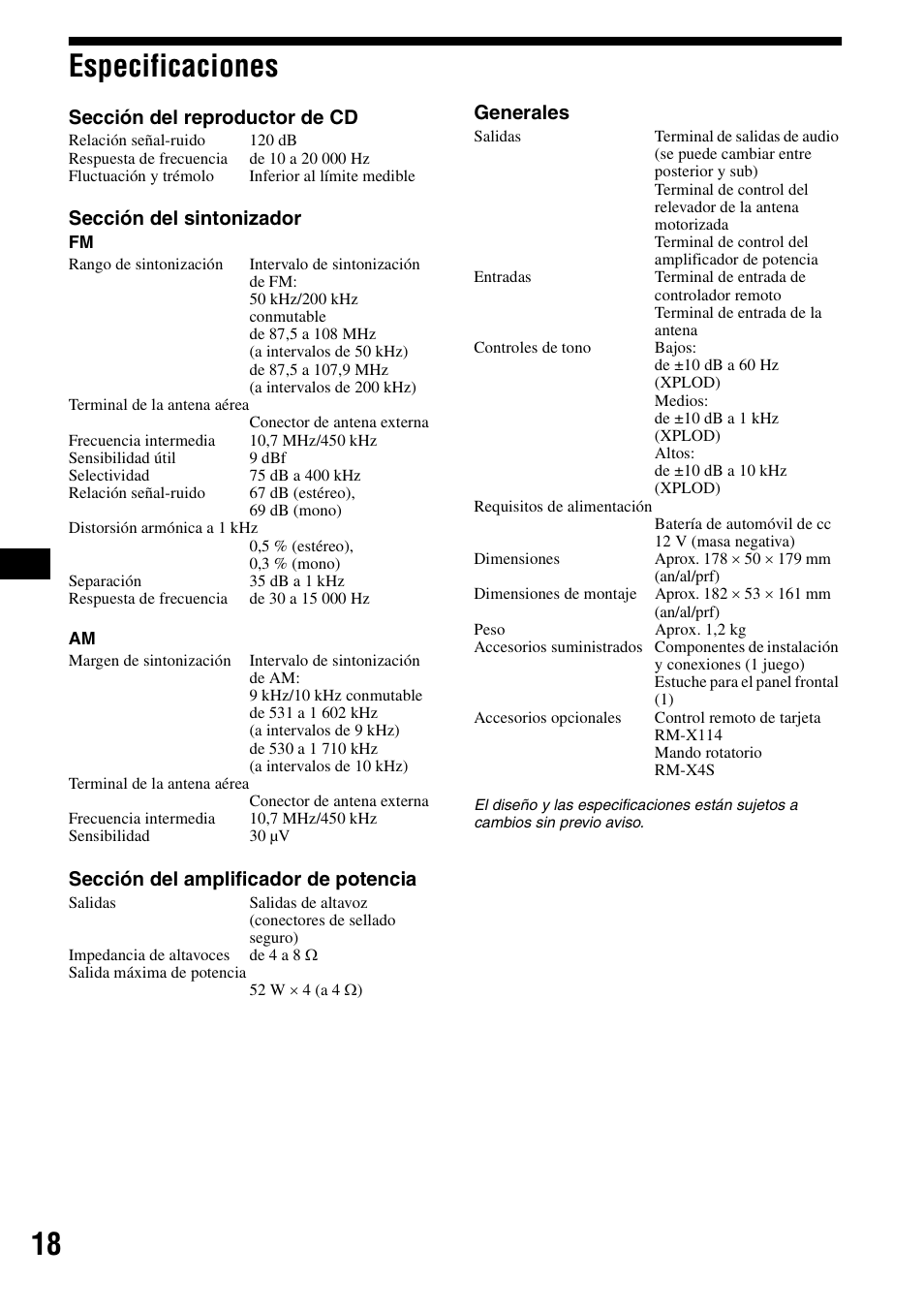Especificaciones, 18 especificaciones | Sony CDX-R3000 User Manual | Page 38 / 60