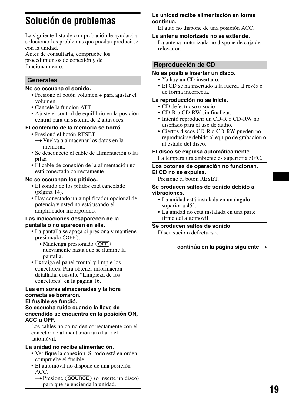 Solución de problemas, 19 solución de problemas | Sony CDX-R3000 User Manual | Page 39 / 60