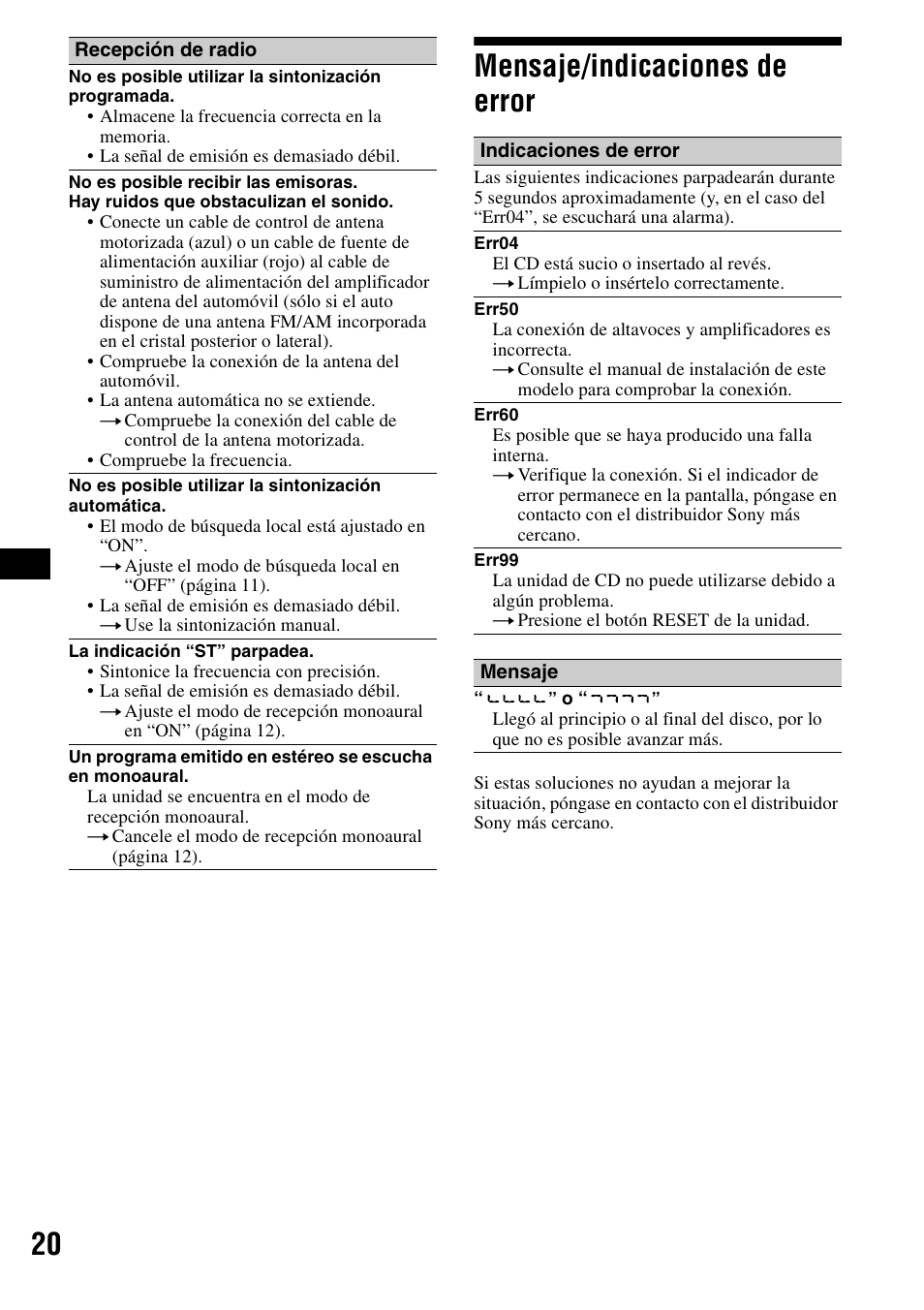Mensaje/indicaciones de error, 20 mensaje/indicaciones de error | Sony CDX-R3000 User Manual | Page 40 / 60