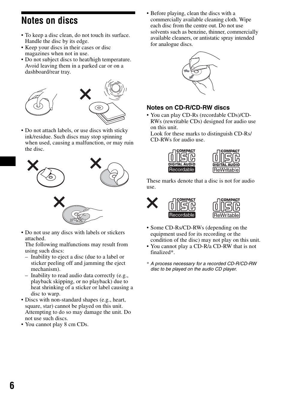 Notes on discs | Sony CDX-R3000 User Manual | Page 6 / 60