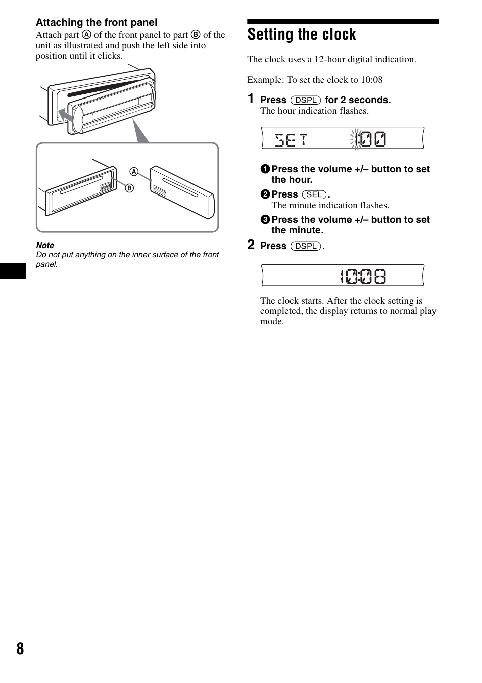 Setting the clock | Sony CDX-R3000 User Manual | Page 8 / 60