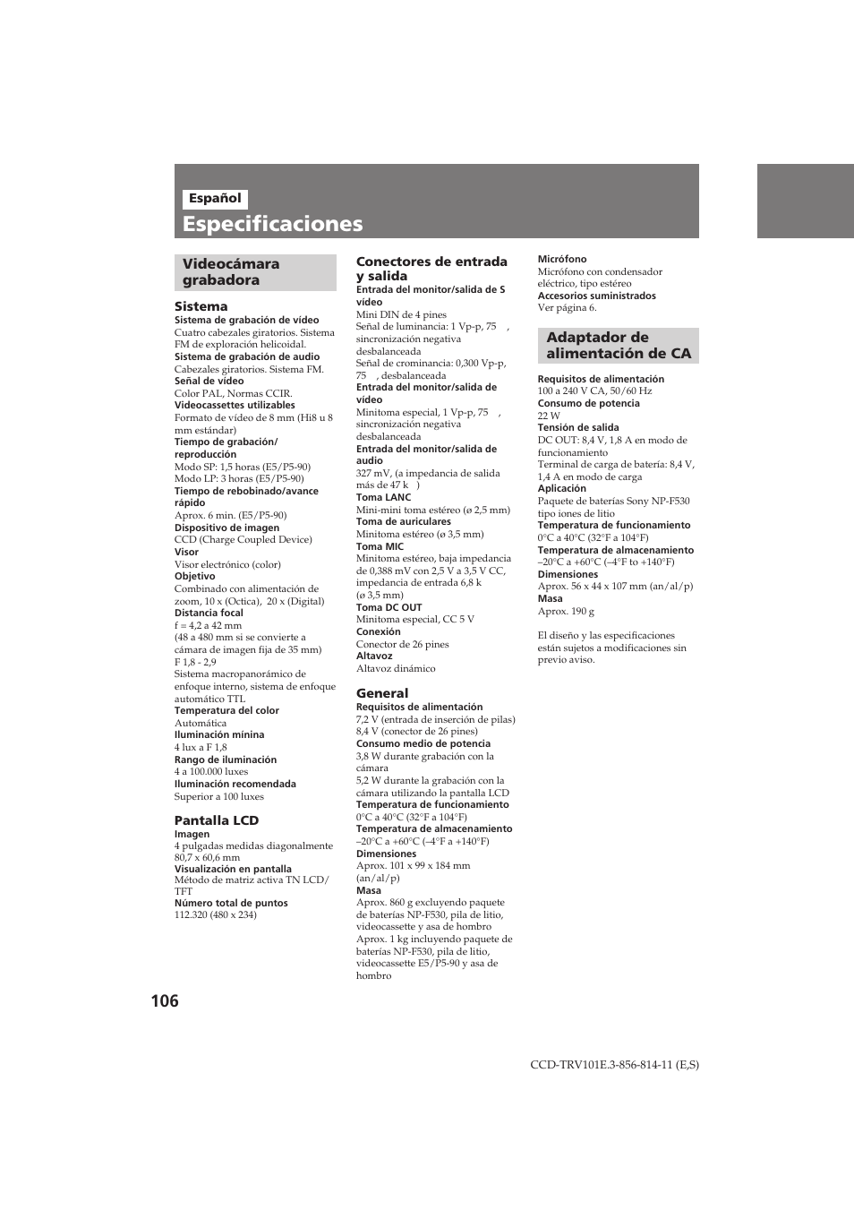Especificaciones, Videocámara grabadora, Adaptador de alimentación de ca | Sony CCD-TRV101E User Manual | Page 106 / 120