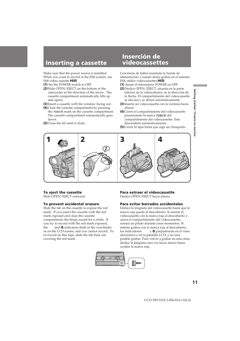 Inserting a cassette inserción de videocassettes | Sony CCD-TRV101E User Manual | Page 11 / 120