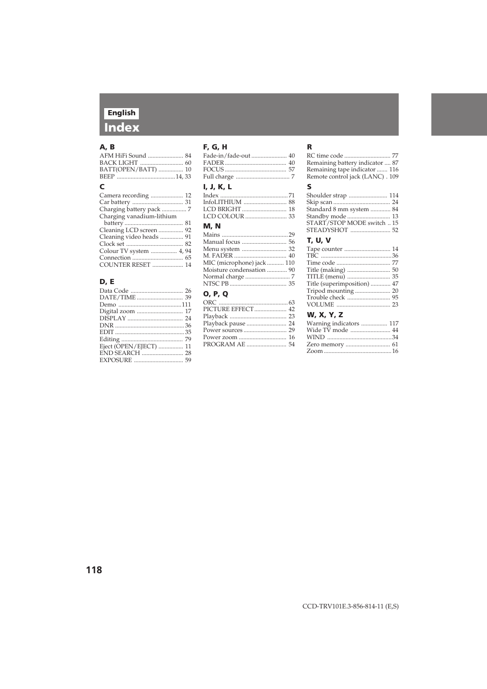 Index | Sony CCD-TRV101E User Manual | Page 118 / 120
