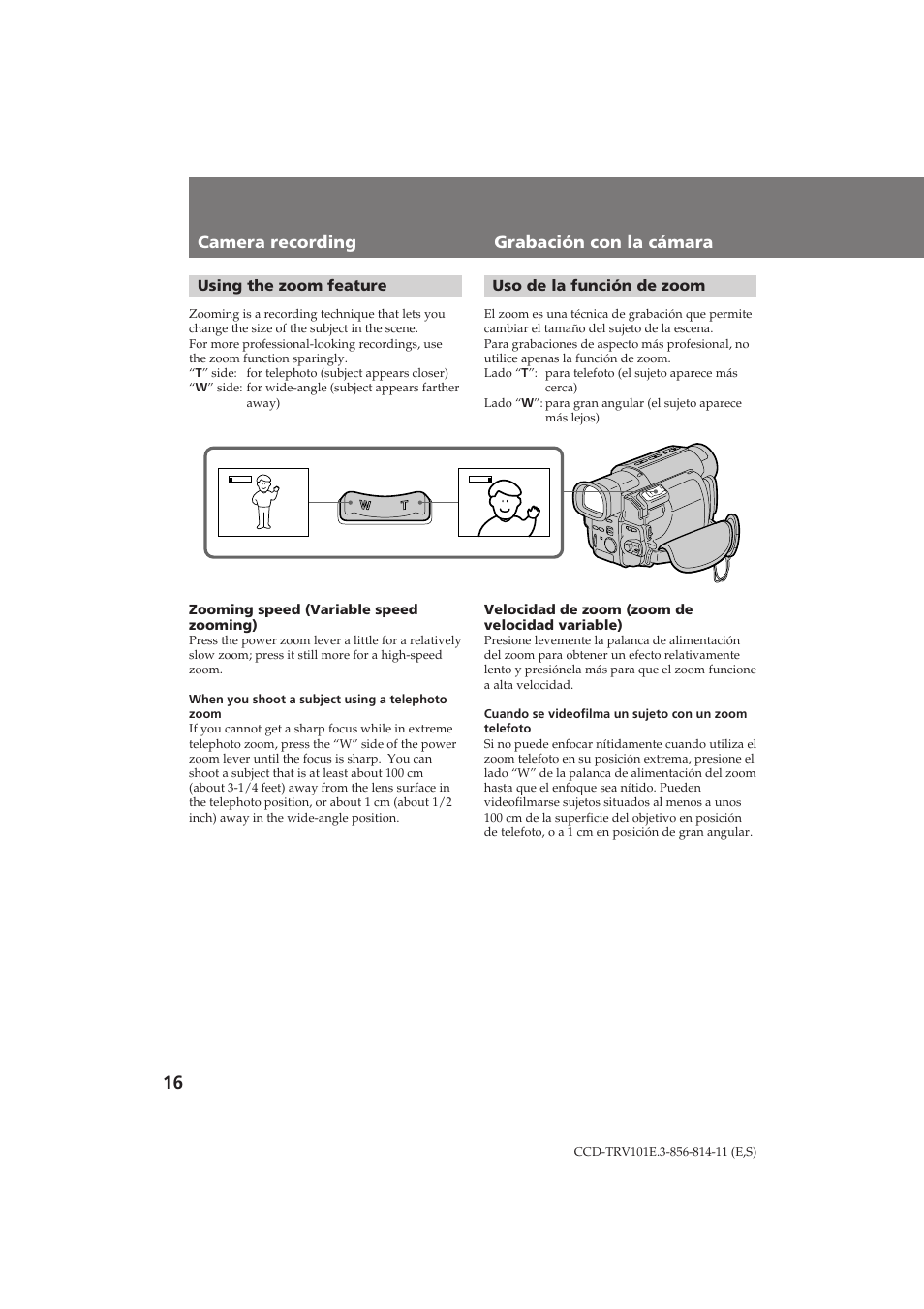 Camera recording grabación con la cámara, Using the zoom feature, Uso de la función de zoom | Sony CCD-TRV101E User Manual | Page 16 / 120
