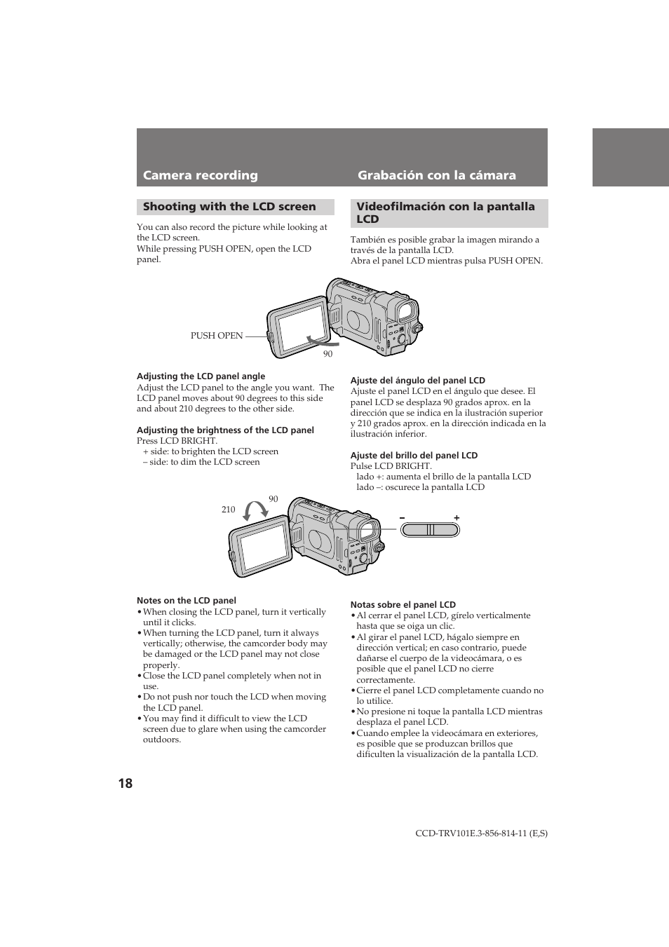 Camera recording grabación con la cámara, Shooting with the lcd screen, Videofilmación con la pantalla lcd | Sony CCD-TRV101E User Manual | Page 18 / 120