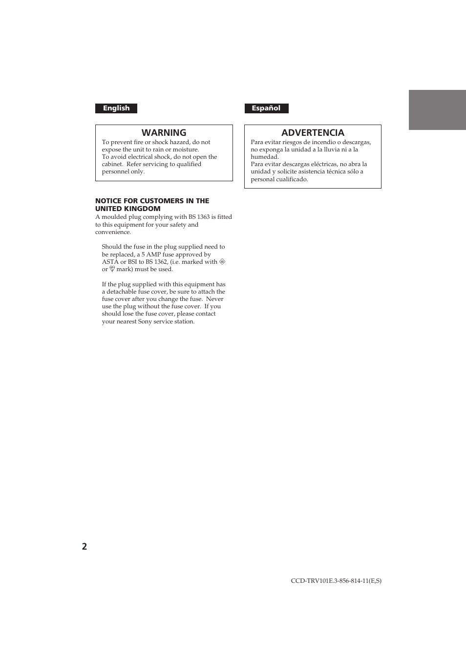 Advertencia, Warning | Sony CCD-TRV101E User Manual | Page 2 / 120