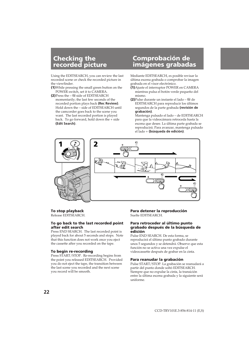 Checking the recorded picture, Comprobación de imágenes grabadas | Sony CCD-TRV101E User Manual | Page 22 / 120