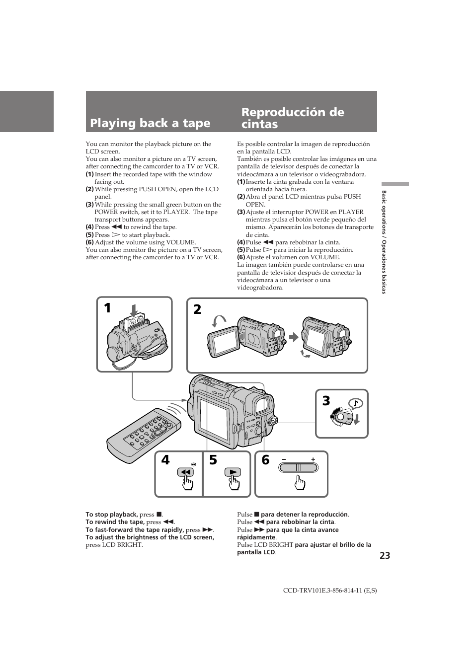Playing back a tape reproducción de cintas | Sony CCD-TRV101E User Manual | Page 23 / 120
