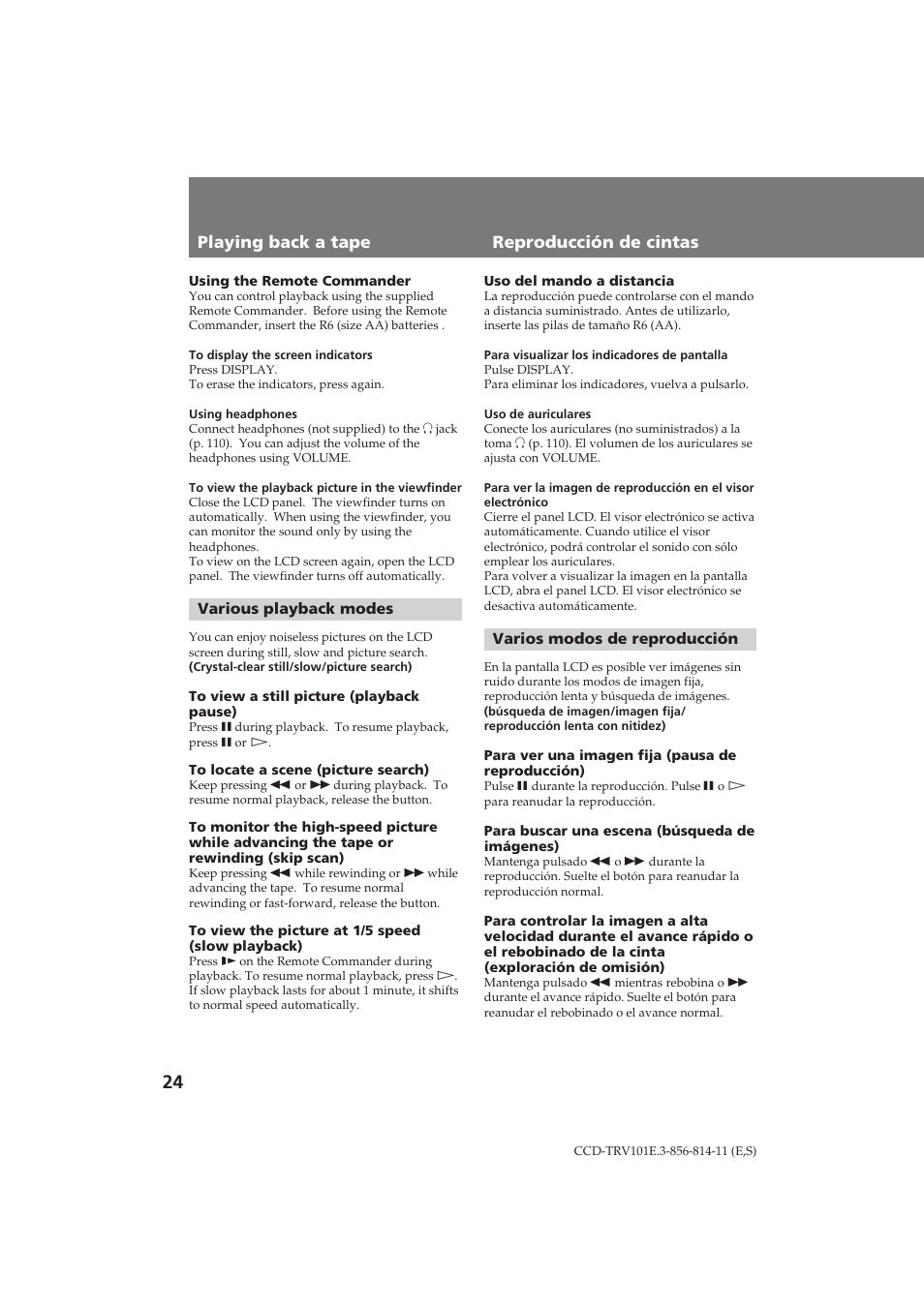 Reproducción de cintas playing back a tape | Sony CCD-TRV101E User Manual | Page 24 / 120