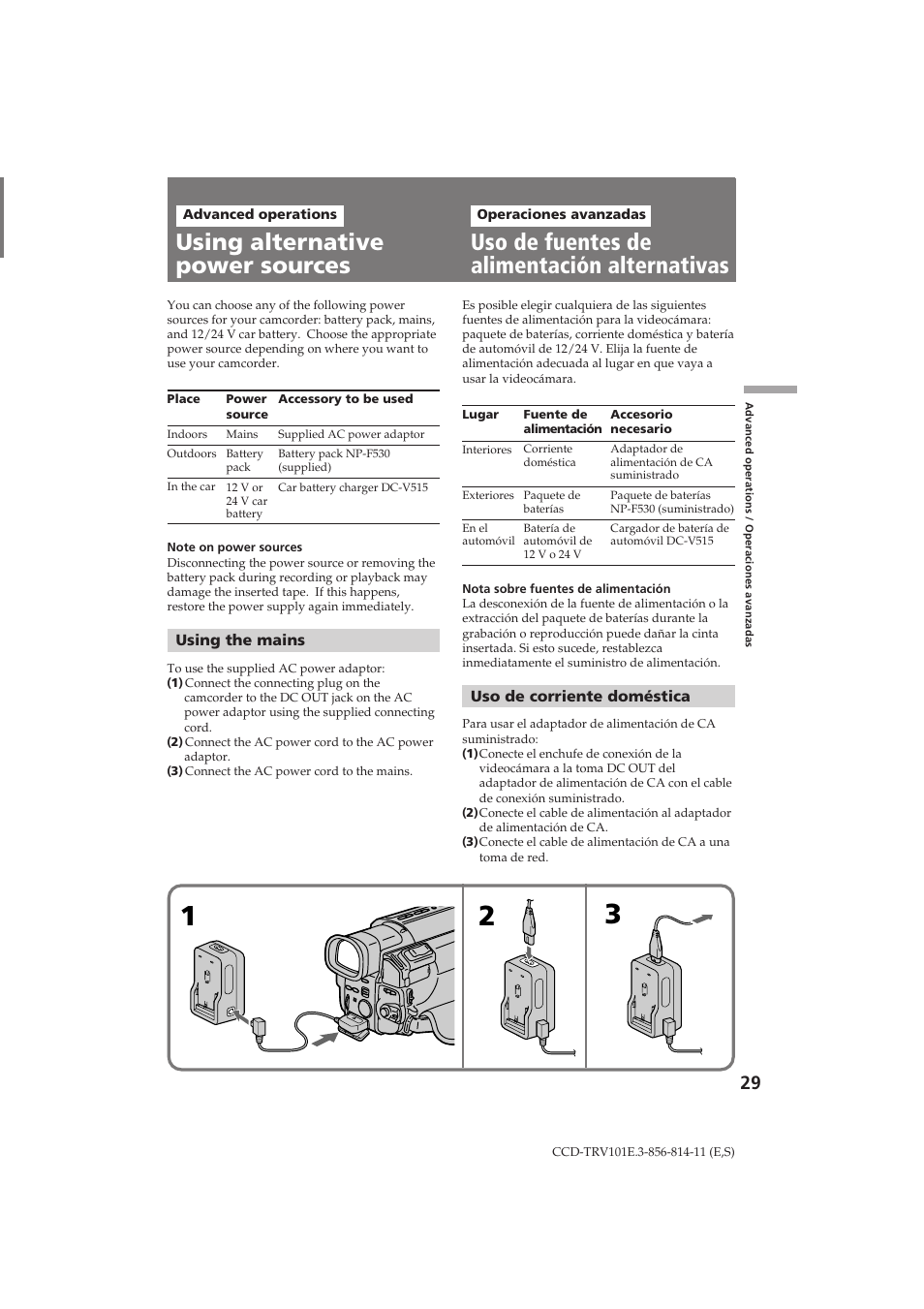 Uso de fuentes de alimentación alternativas, Using alternative power sources | Sony CCD-TRV101E User Manual | Page 29 / 120