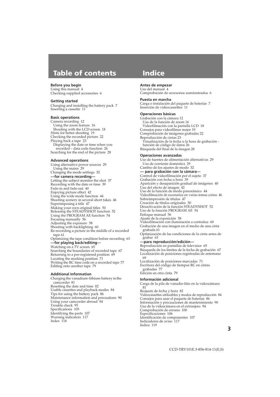 Table of contents indice | Sony CCD-TRV101E User Manual | Page 3 / 120