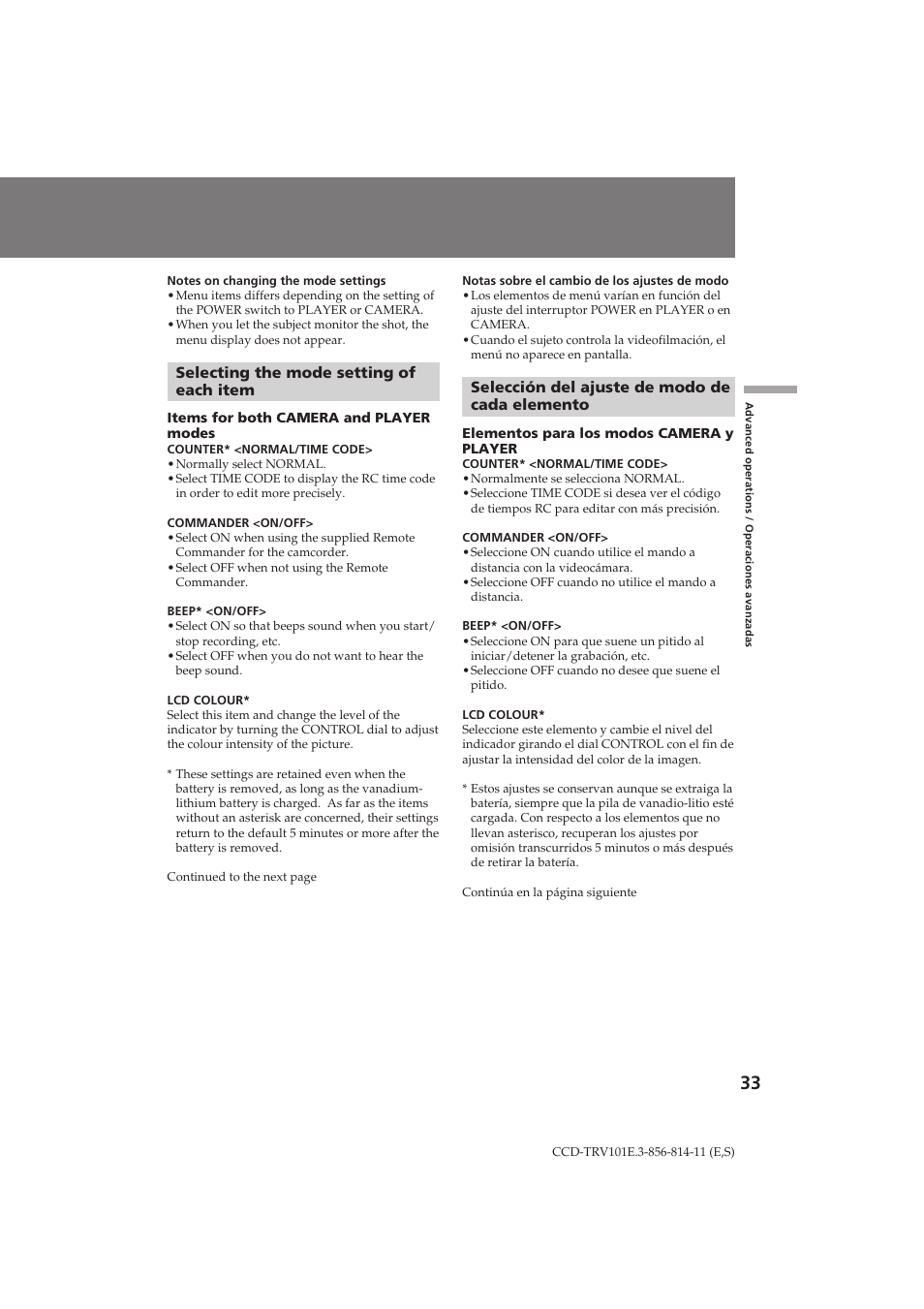 Selecting the mode setting of each item, Selección del ajuste de modo de cada elemento | Sony CCD-TRV101E User Manual | Page 33 / 120