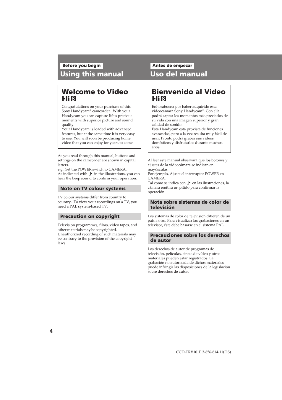 Using this manual, Uso del manual welcome to video h, Bienvenido al video h | Sony CCD-TRV101E User Manual | Page 4 / 120