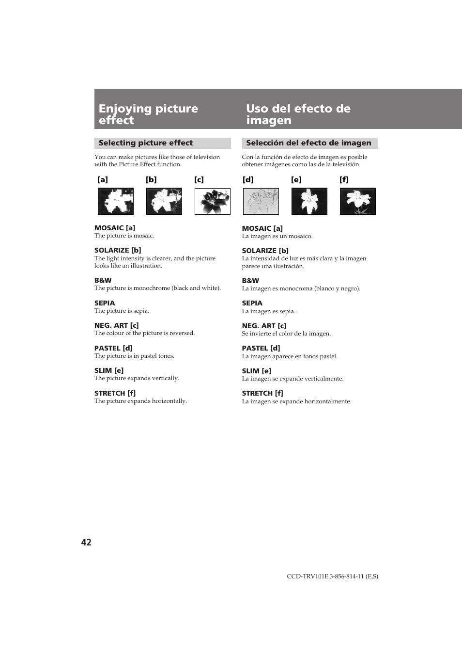 Enjoying picture effect uso del efecto de imagen | Sony CCD-TRV101E User Manual | Page 42 / 120
