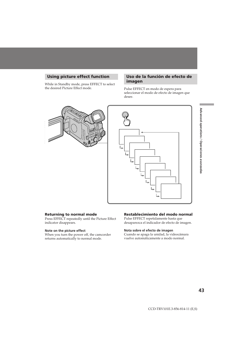 Using picture effect function, Uso de la función de efecto de imagen | Sony CCD-TRV101E User Manual | Page 43 / 120