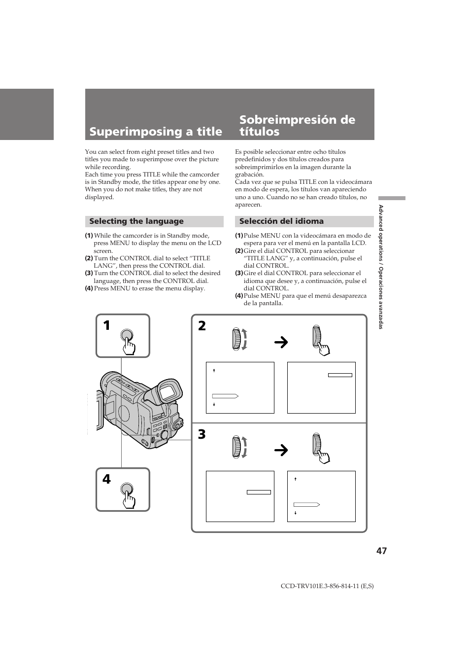 Superimposing a title sobreimpresión de títulos, Selección del idioma, Selecting the language | Sony CCD-TRV101E User Manual | Page 47 / 120