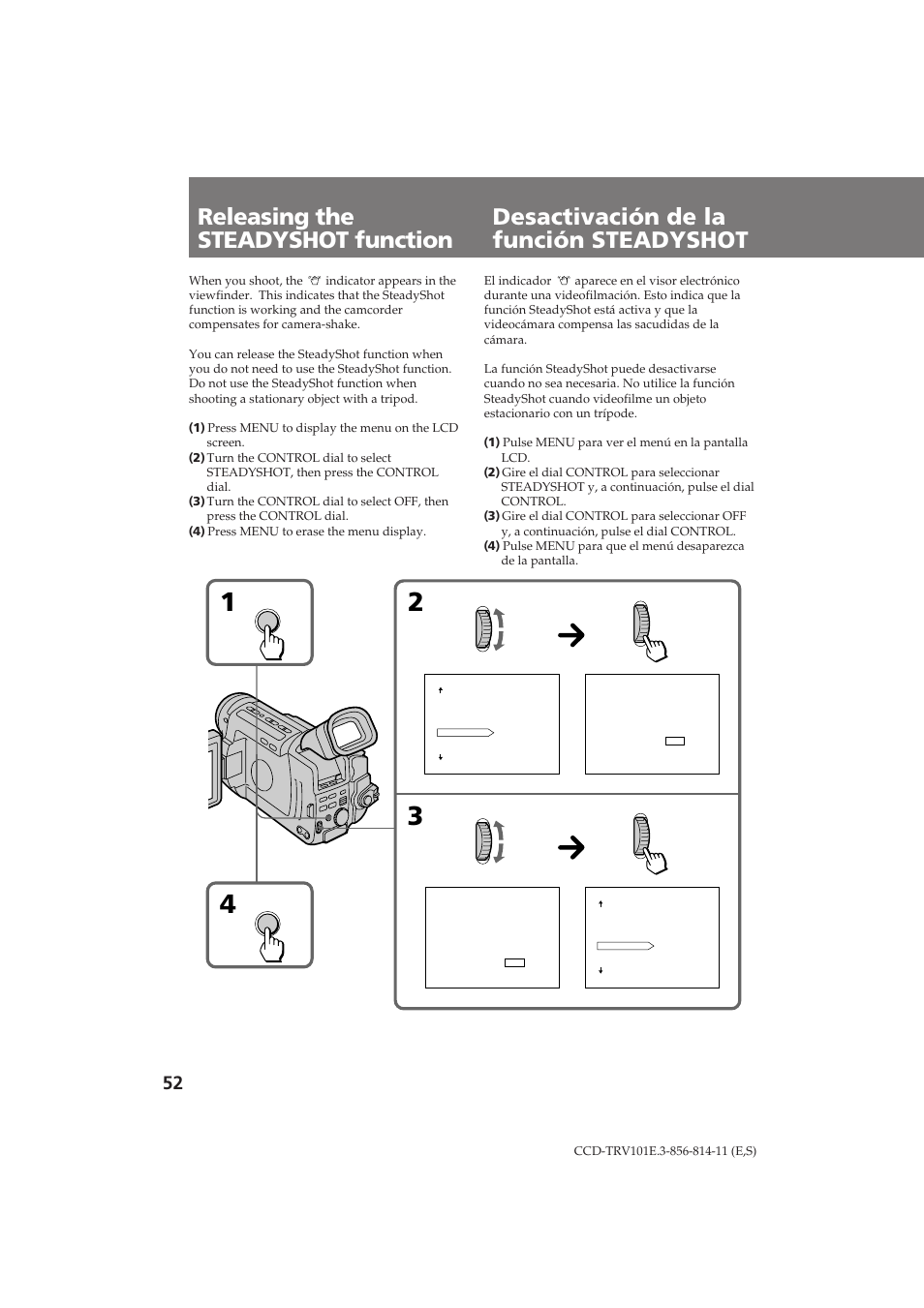 Desactivación de la función steadyshot, Releasing the steadyshot function | Sony CCD-TRV101E User Manual | Page 52 / 120