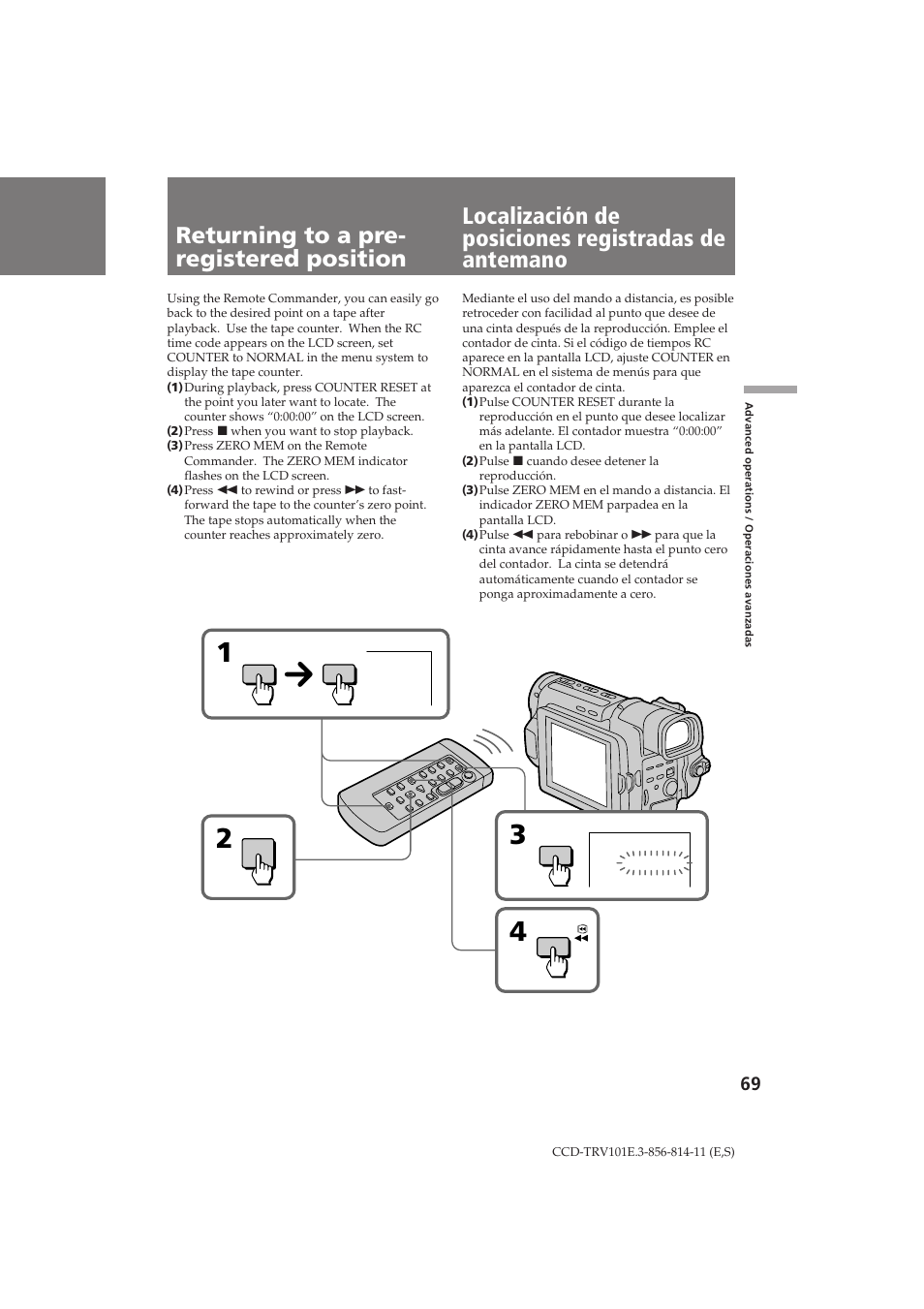 Returning to a pre- registered position, Localización de posiciones registradas de antemano | Sony CCD-TRV101E User Manual | Page 69 / 120