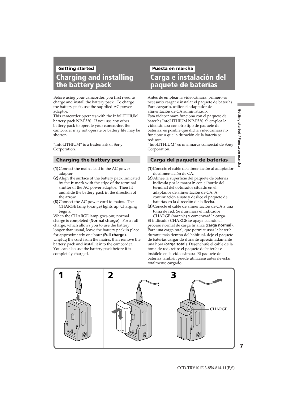 Charging and installing the battery pack, Carga e instalación del paquete de baterías | Sony CCD-TRV101E User Manual | Page 7 / 120