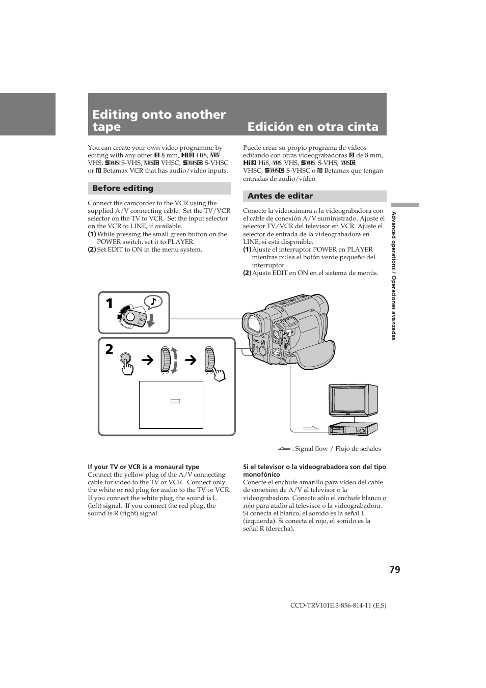 Editing onto another tape, Edición en otra cinta, Before editing | Antes de editar | Sony CCD-TRV101E User Manual | Page 79 / 120
