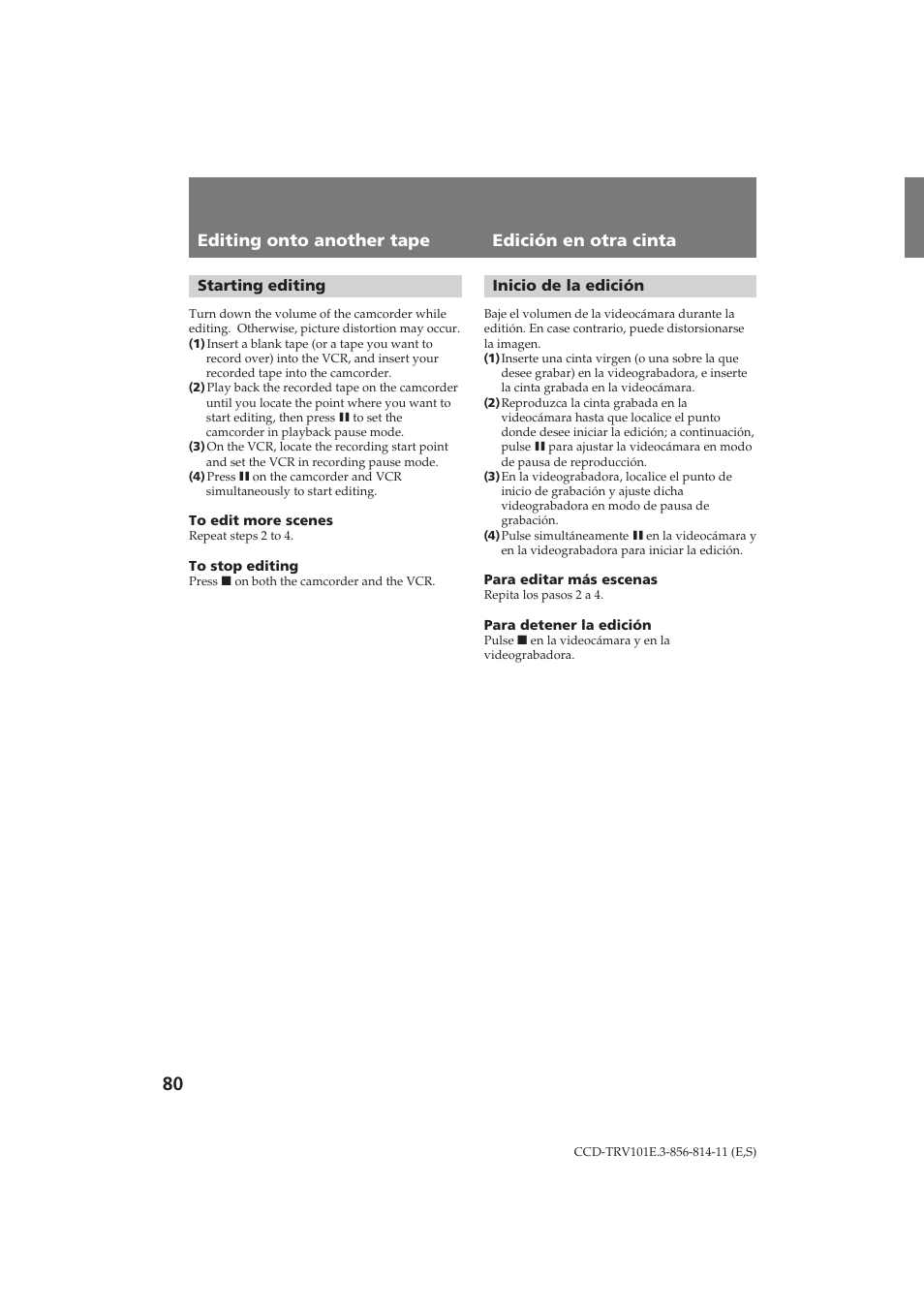 Editing onto another tape edición en otra cinta | Sony CCD-TRV101E User Manual | Page 80 / 120