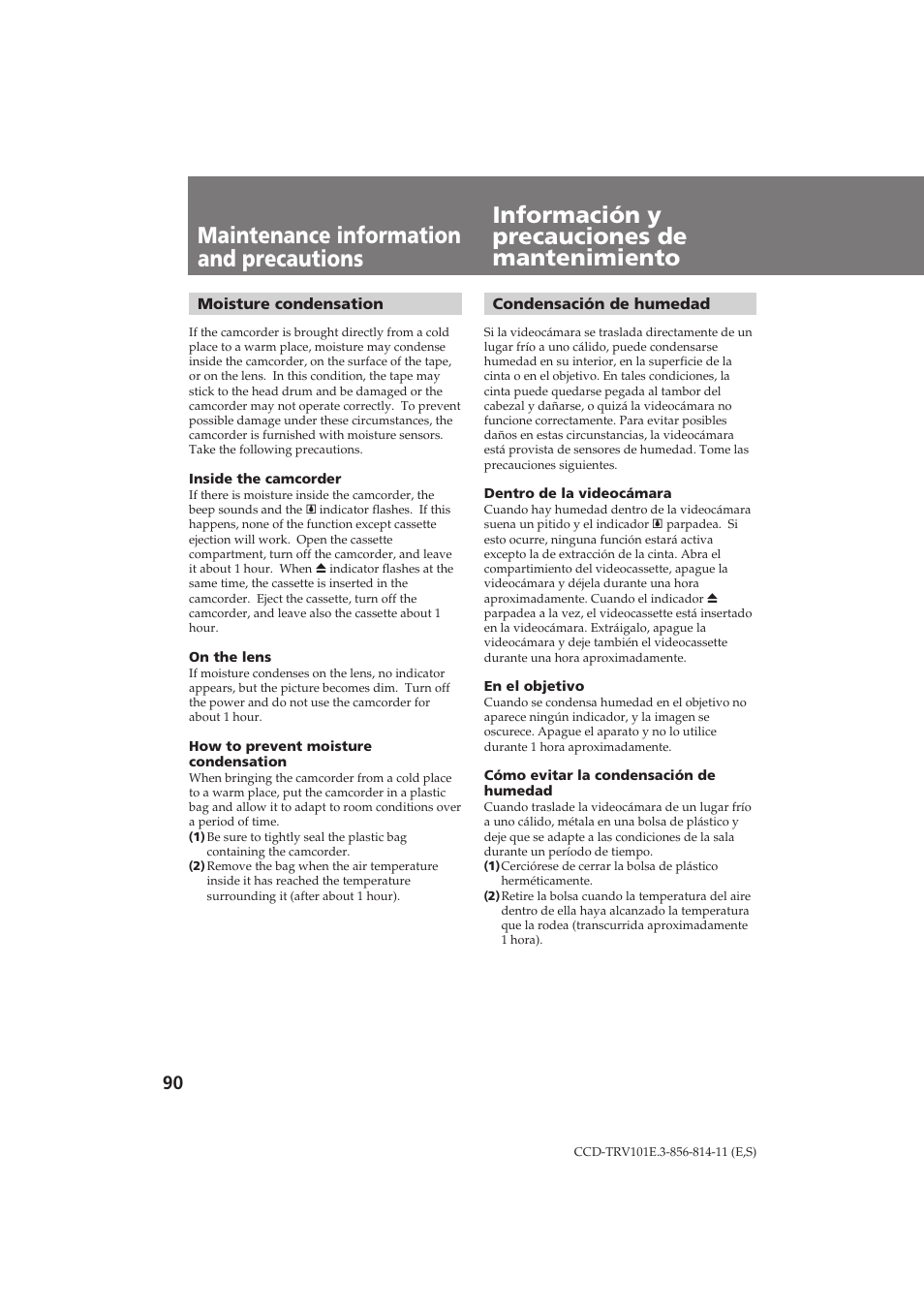 Información y precauciones de mantenimiento, Maintenance information and precautions | Sony CCD-TRV101E User Manual | Page 90 / 120