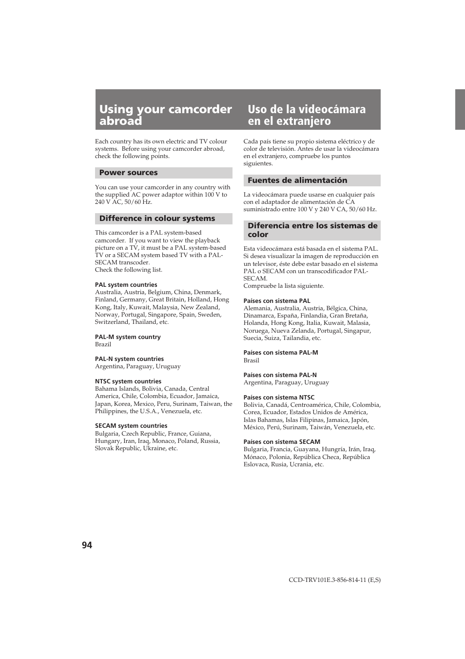Using your camcorder abroad, Uso de la videocámara en el extranjero | Sony CCD-TRV101E User Manual | Page 94 / 120