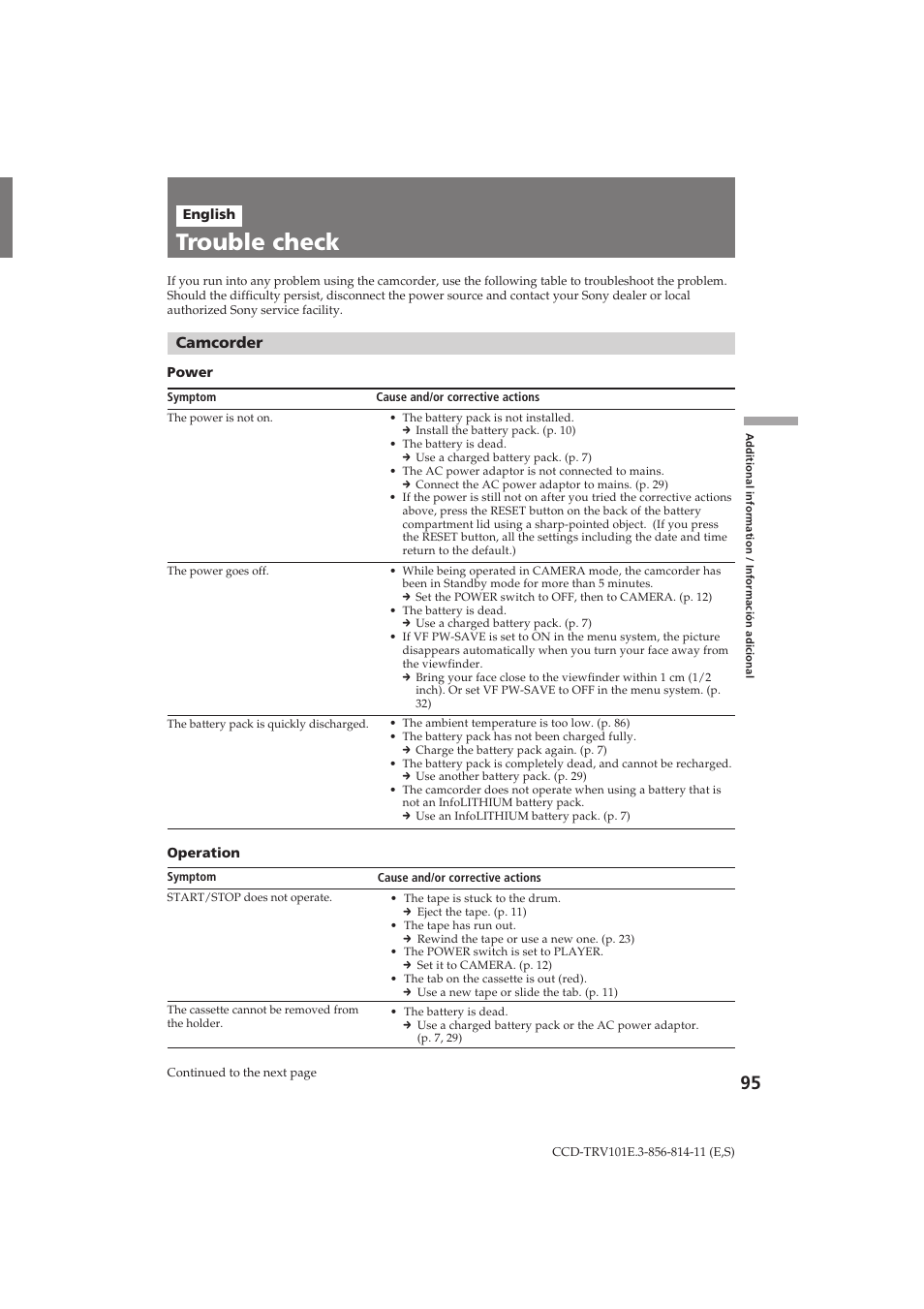Trouble check, Camcorder | Sony CCD-TRV101E User Manual | Page 95 / 120
