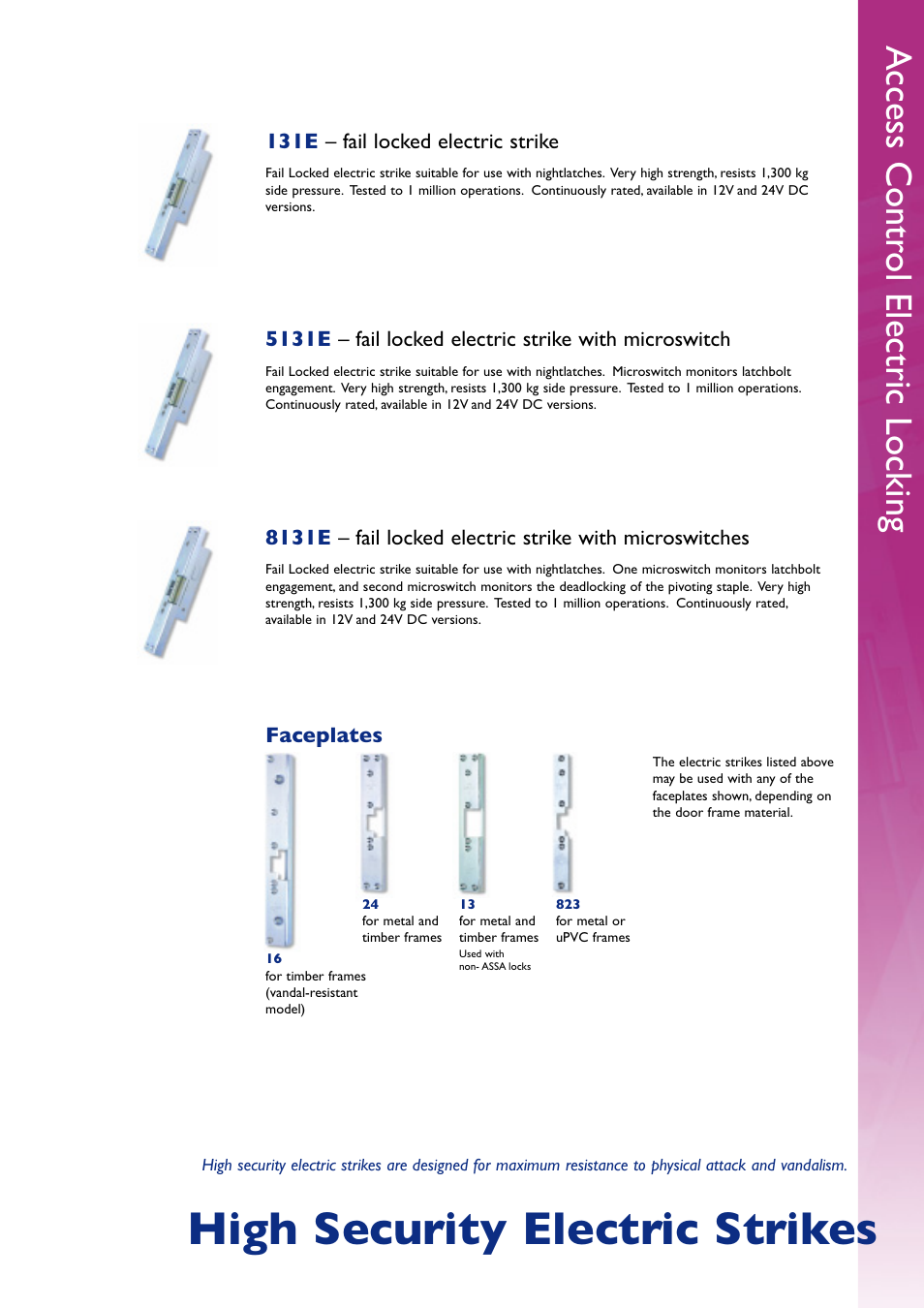High security electric strikes, Access contr ol electric locking, 131e – fail locked electric strike | Faceplates | Assa Access Control Electric Locking User Manual | Page 11 / 16