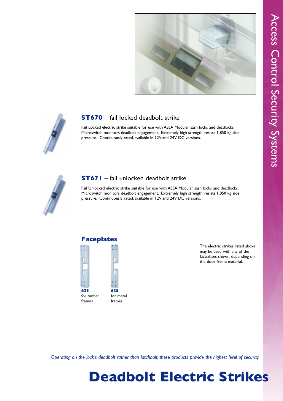 Deadbolt electric strikes, Access contr ol security systems | Assa Access Control Electric Locking User Manual | Page 13 / 16