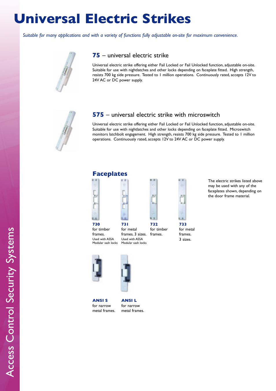 Universal electric strikes, Access contr ol security systems, 75 – universal electric strike | 575 – universal electric strike with microswitch, Faceplates | Assa Access Control Electric Locking User Manual | Page 14 / 16