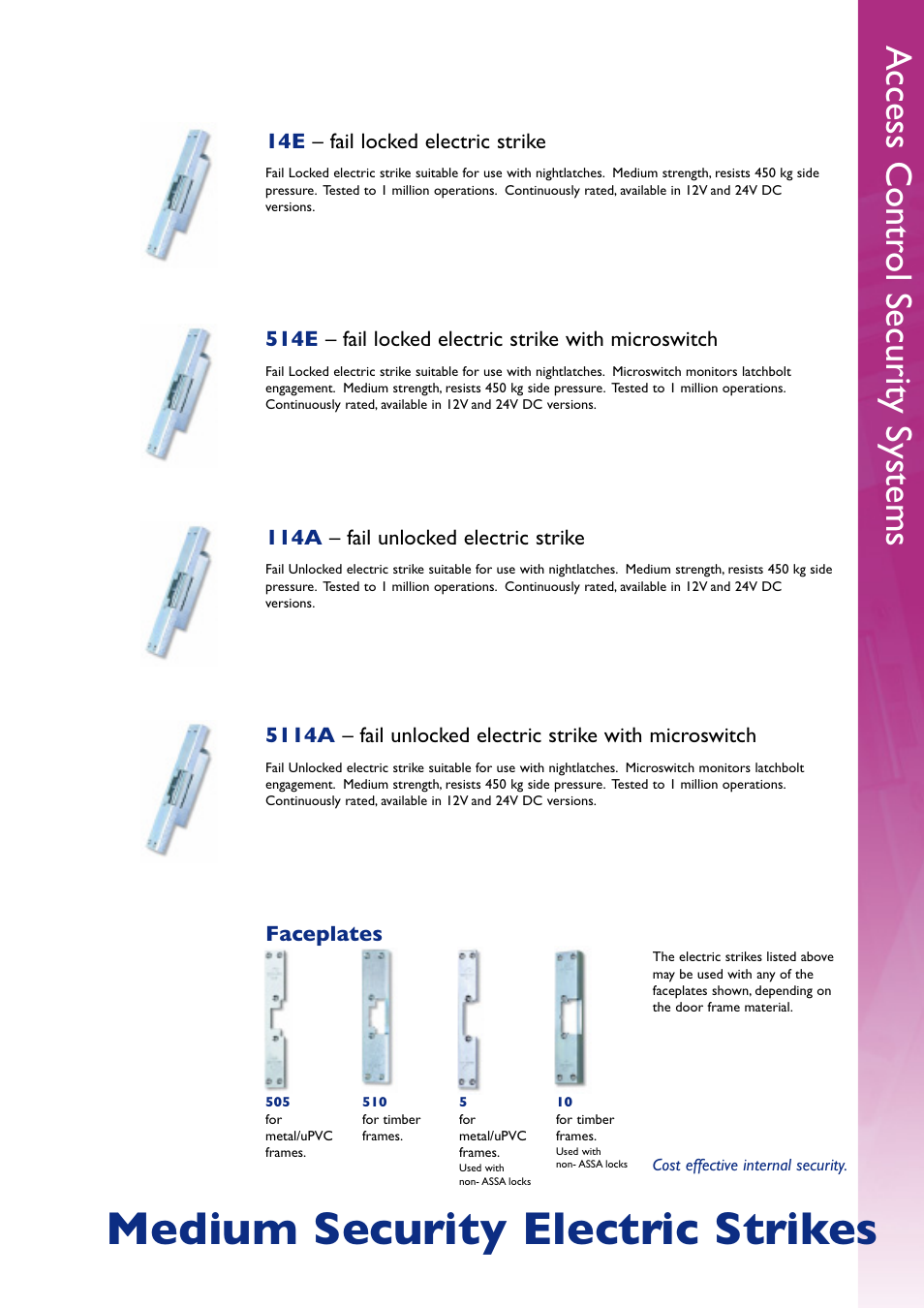 Medium security electric strikes, Access contr ol security systems, 14e – fail locked electric strike | Faceplates 114a – fail unlocked electric strike | Assa Access Control Electric Locking User Manual | Page 15 / 16