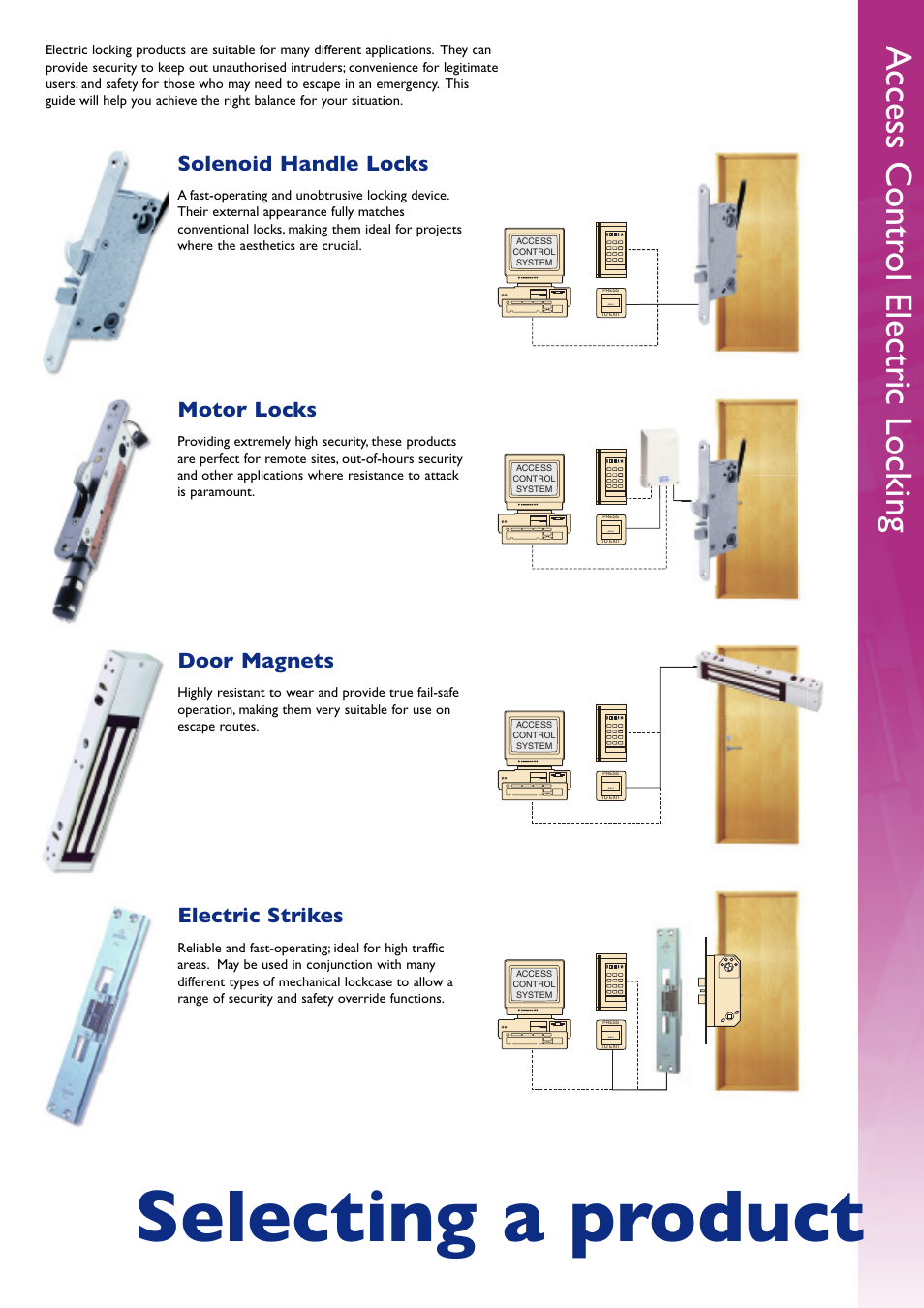 Selecting a product, Access contr ol electric locking, Electric strikes | Door magnets, Solenoid handle locks, Motor locks | Assa Access Control Electric Locking User Manual | Page 3 / 16