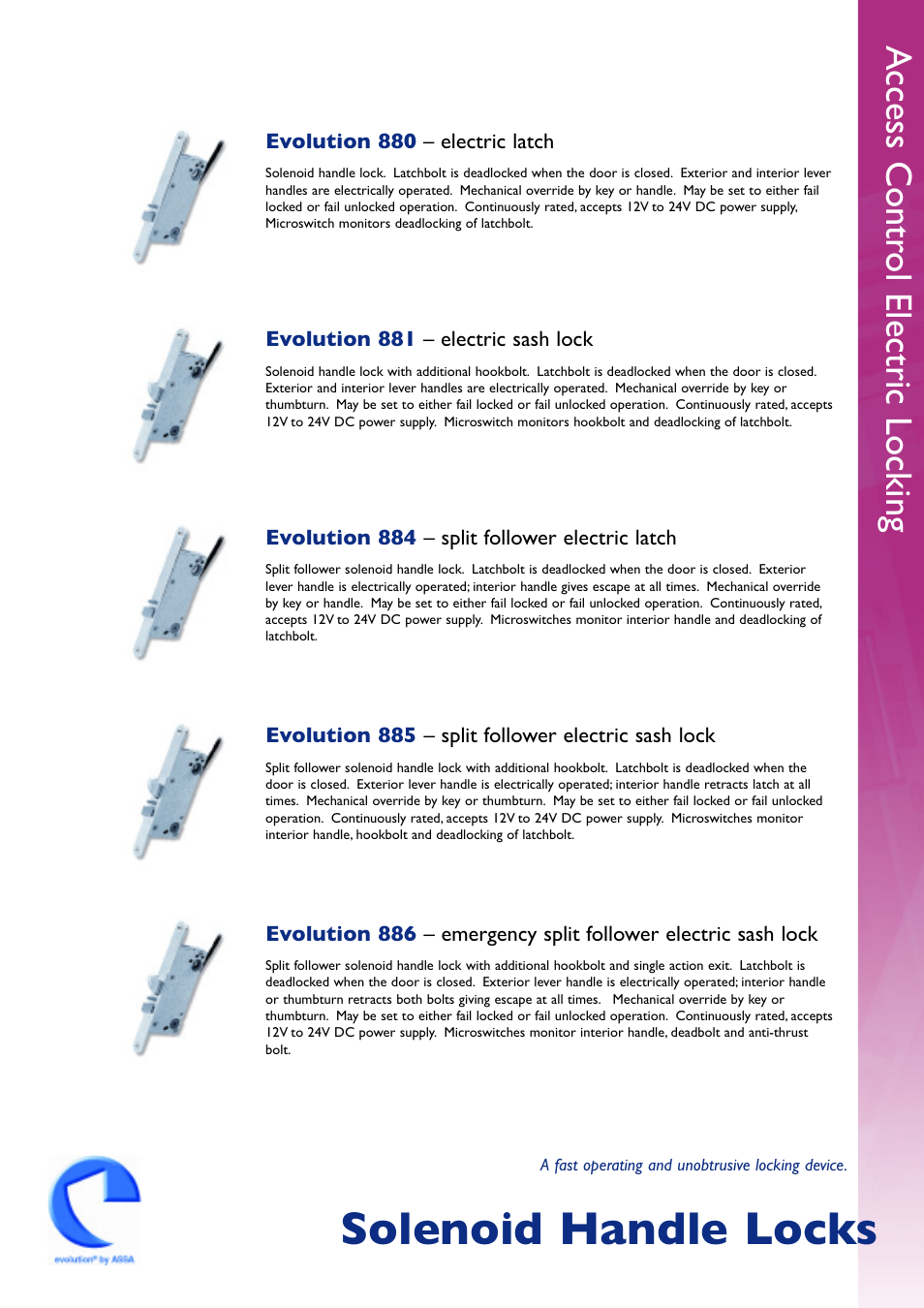 Solenoid handle locks, Access contr ol electric locking, Evolution 880 – electric latch | Evolution 881 – electric sash lock, Evolution 884 – split follower electric latch, Evolution 885 – split follower electric sash lock | Assa Access Control Electric Locking User Manual | Page 5 / 16
