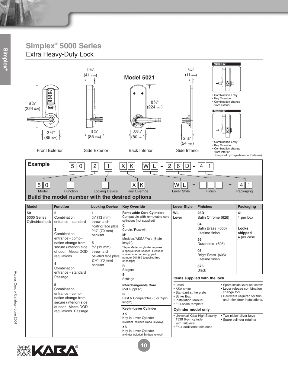 5000 series, Extra heavy-duty lock, Simplex | Model 5021, 1x k w l, 5 0 l w 4 1, Example, Build the model number with the desired options | Assa Simplex Mechanical Pushbutton Locks User Manual | Page 10 / 54