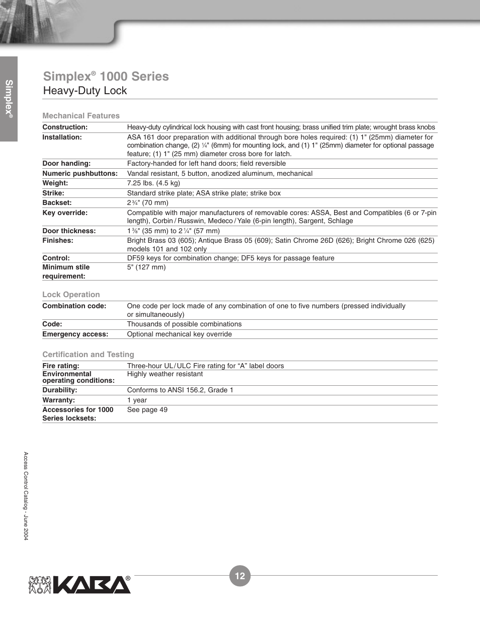 1000 series, Heavy-duty lock, Simplex | Assa Simplex Mechanical Pushbutton Locks User Manual | Page 12 / 54