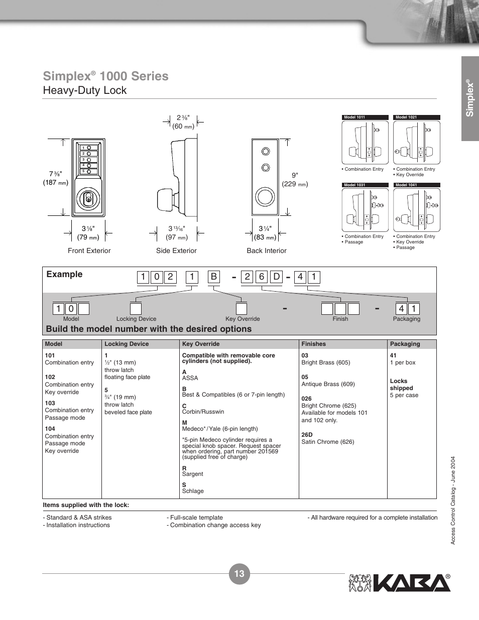 1000 series, Heavy-duty lock, Simplex | Example, Build the model number with the desired options | Assa Simplex Mechanical Pushbutton Locks User Manual | Page 13 / 54