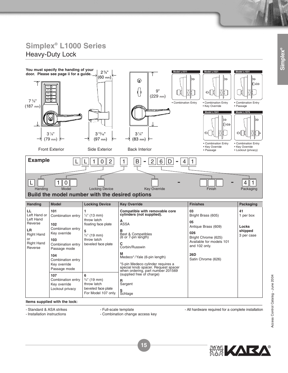 L1000 series, Heavy-duty lock, Simplex | 1l 0 4 1, Example, Build the model number with the desired options | Assa Simplex Mechanical Pushbutton Locks User Manual | Page 15 / 54