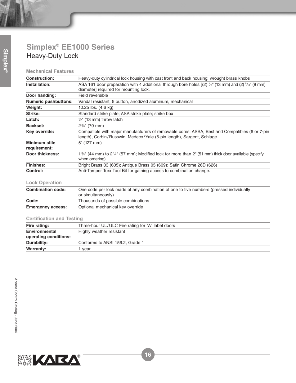 Simplex, Ee1000 series, Heavy-duty lock | 16 simplex | Assa Simplex Mechanical Pushbutton Locks User Manual | Page 16 / 54