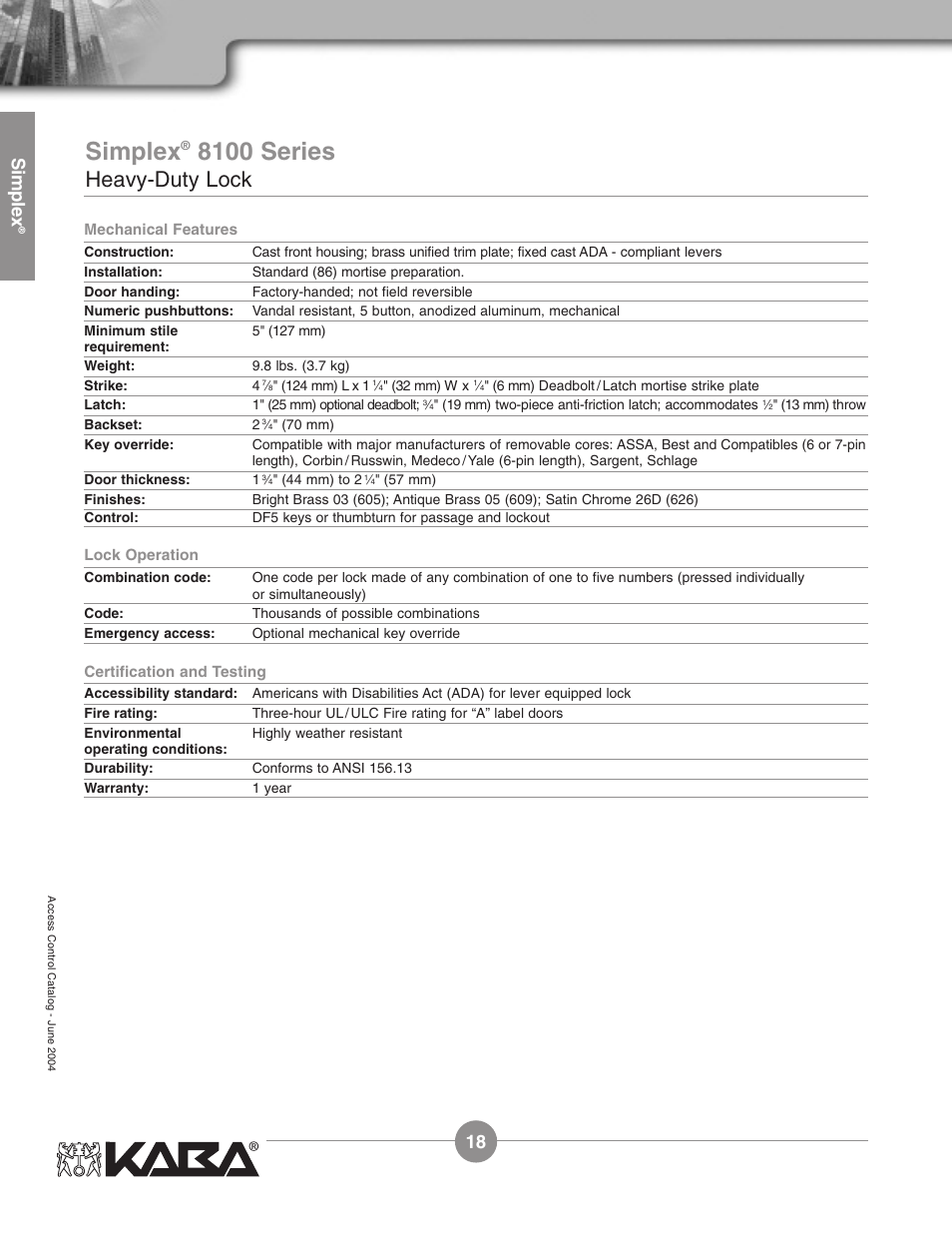 8100 series, Heavy-duty lock, Simplex | Assa Simplex Mechanical Pushbutton Locks User Manual | Page 18 / 54