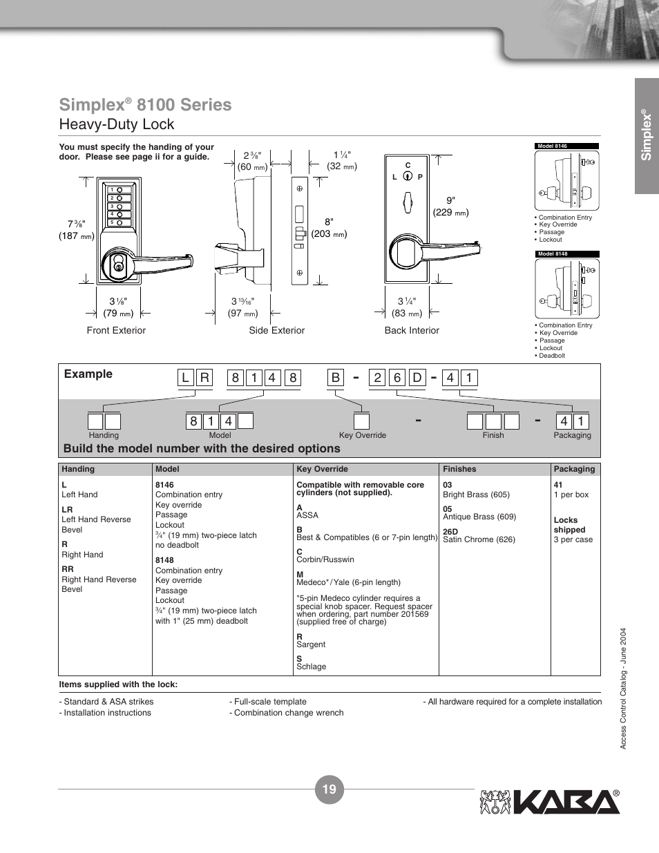 8100 series, Heavy-duty lock, Simplex | Bl r, 82 d, Example, Build the model number with the desired options | Assa Simplex Mechanical Pushbutton Locks User Manual | Page 19 / 54