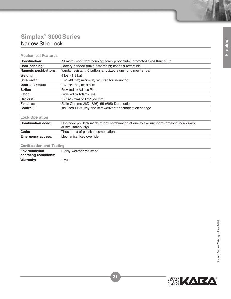 3000 series, Narrow stile lock, Simplex | Assa Simplex Mechanical Pushbutton Locks User Manual | Page 21 / 54