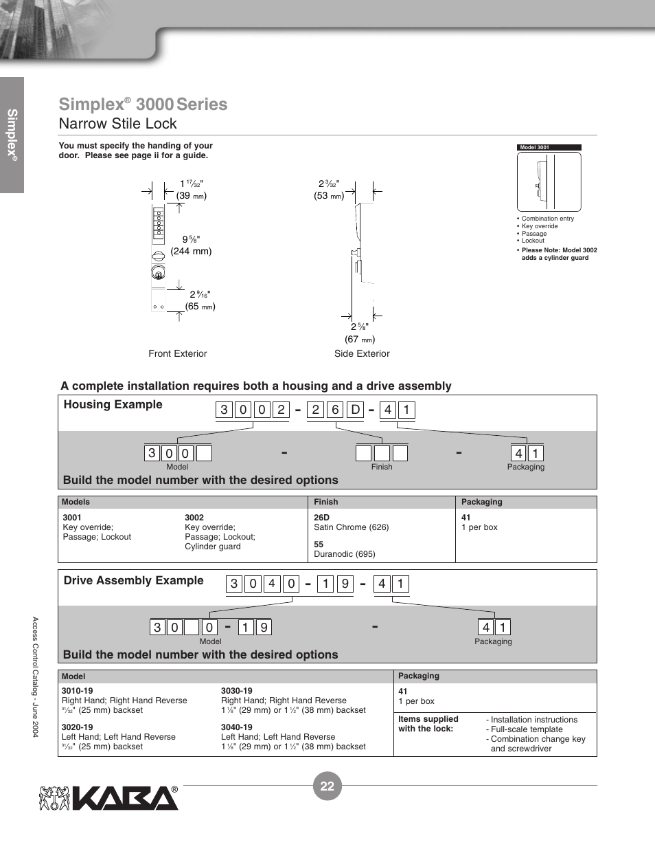 3000 series, Narrow stile lock, Simplex | 2d 1 | Assa Simplex Mechanical Pushbutton Locks User Manual | Page 22 / 54