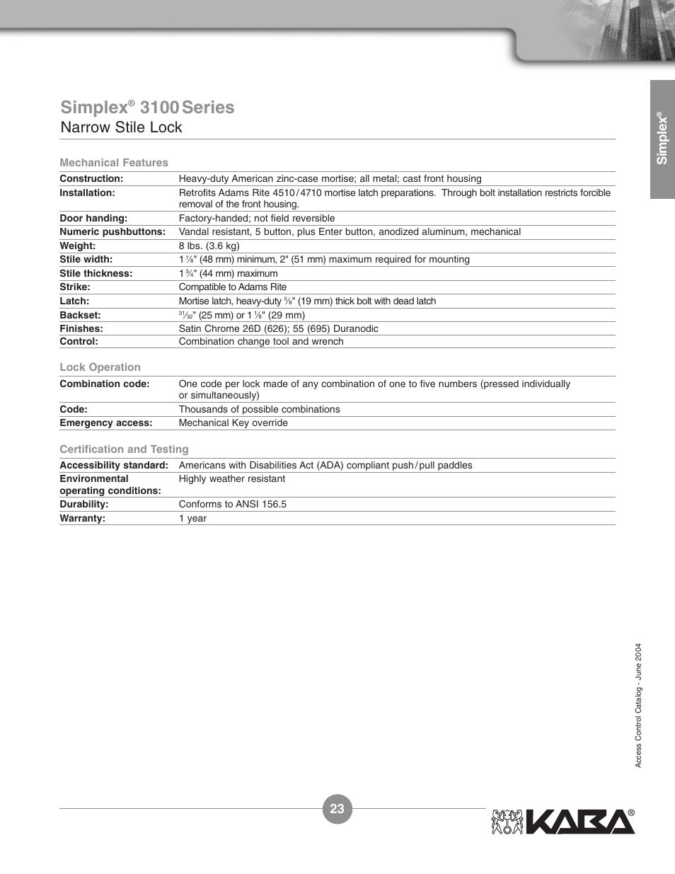 3100 series, Narrow stile lock, Simplex | Assa Simplex Mechanical Pushbutton Locks User Manual | Page 23 / 54