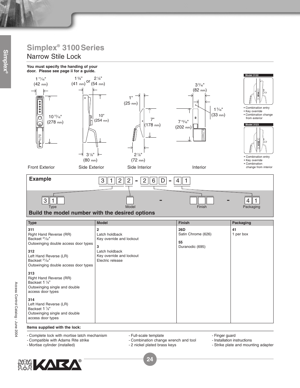 3100 series, Narrow stile lock, Simplex | Example, Build the model number with the desired options | Assa Simplex Mechanical Pushbutton Locks User Manual | Page 24 / 54