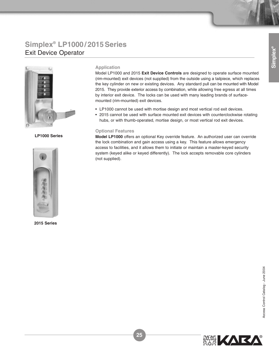 Simplex, Exit device operator | Assa Simplex Mechanical Pushbutton Locks User Manual | Page 25 / 54