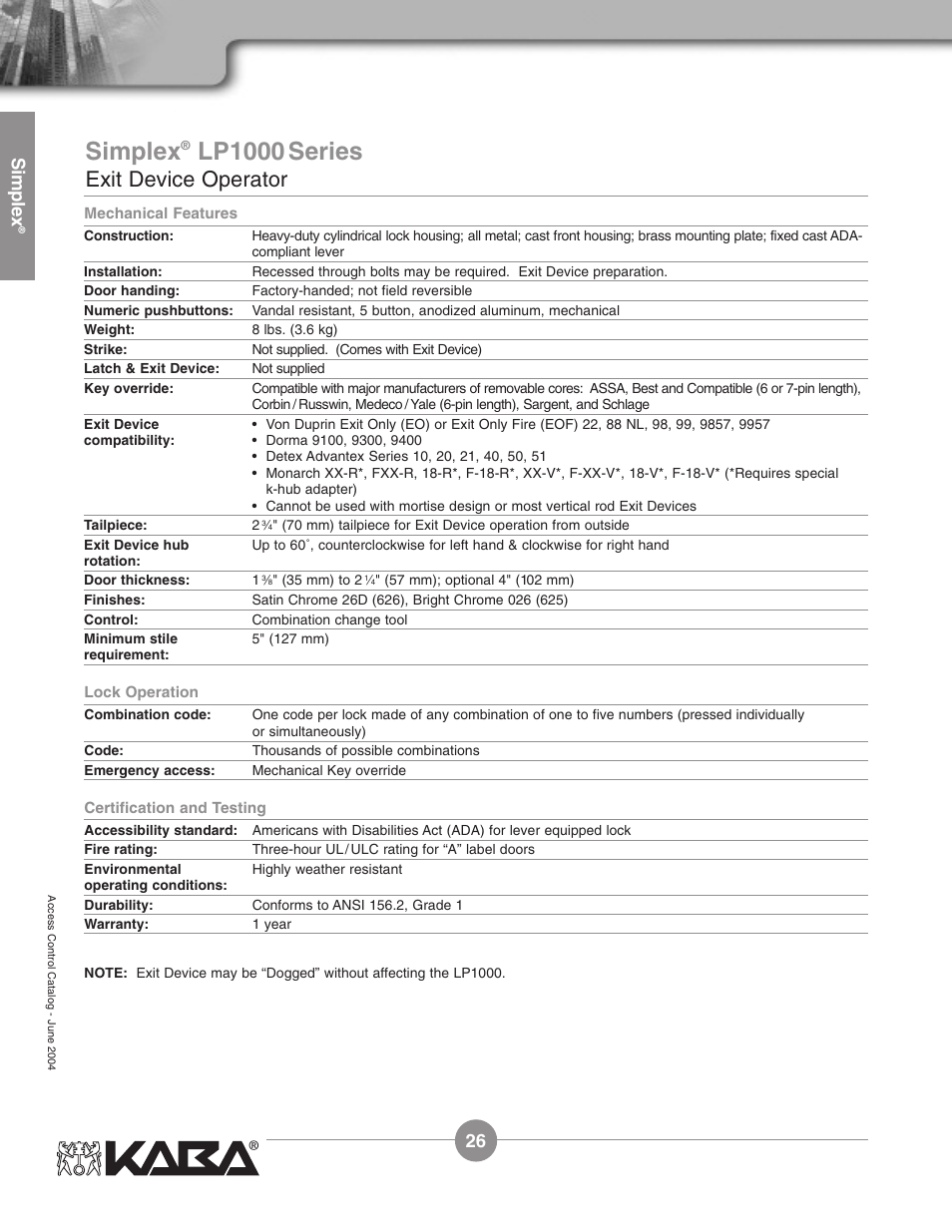 Lp1000 series, Exit device operator, Simplex | Assa Simplex Mechanical Pushbutton Locks User Manual | Page 26 / 54