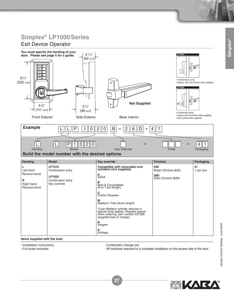 Lp1000 series, Exit device operator, Simplex | Pl l 1 0 4 1, 2d 2 0, Example, Build the model number with the desired options | Assa Simplex Mechanical Pushbutton Locks User Manual | Page 27 / 54