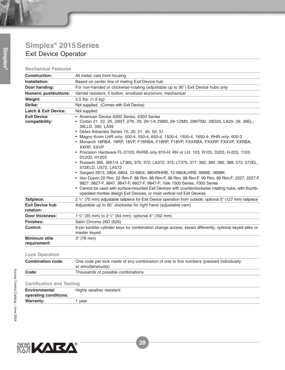 2015 series, Exit device operator, Simplex | Assa Simplex Mechanical Pushbutton Locks User Manual | Page 28 / 54